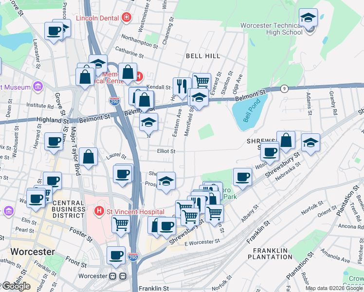 map of restaurants, bars, coffee shops, grocery stores, and more near 96 Eastern Avenue in Worcester