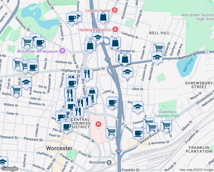map of restaurants, bars, coffee shops, grocery stores, and more near 20 Everett Gaylord Boulevard in Worcester
