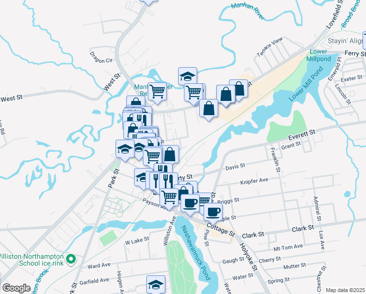 map of restaurants, bars, coffee shops, grocery stores, and more near 24 High Street in Easthampton
