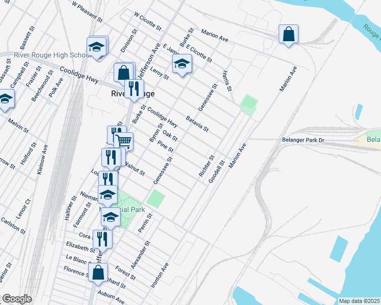 map of restaurants, bars, coffee shops, grocery stores, and more near 112 Oak Street in River Rouge