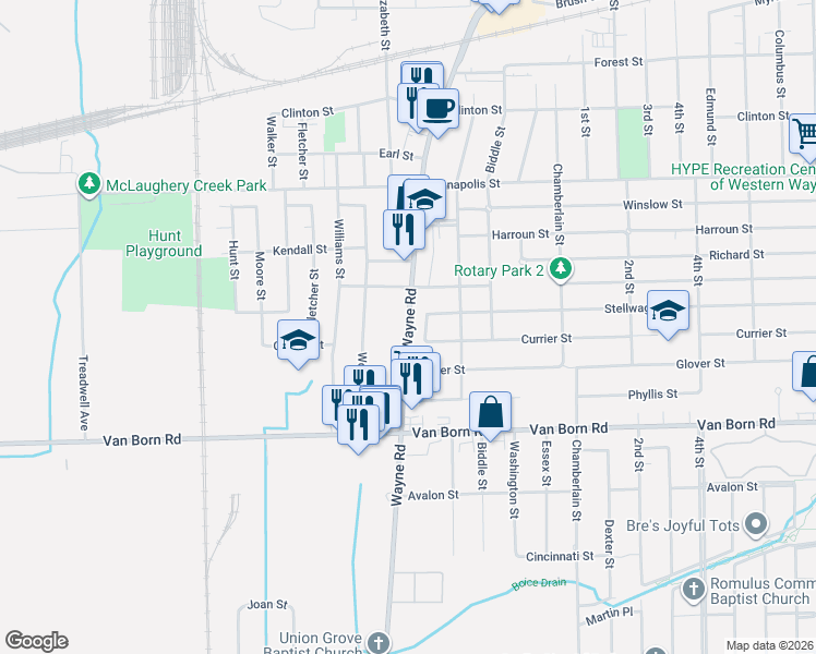 map of restaurants, bars, coffee shops, grocery stores, and more near 35457 Stellwagen Street in Wayne