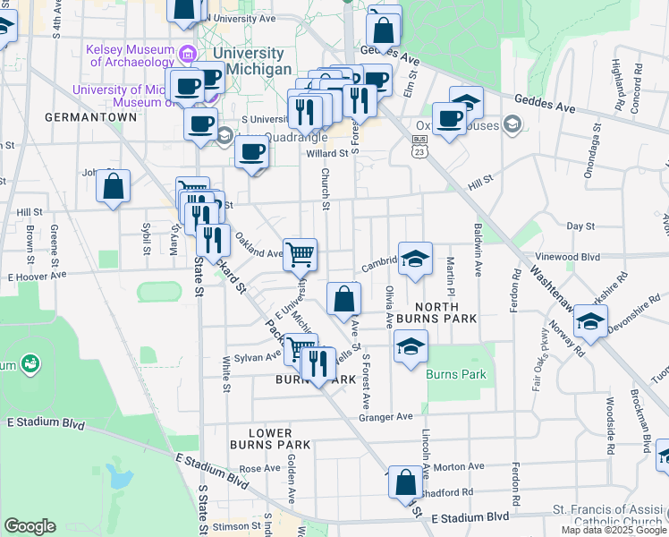map of restaurants, bars, coffee shops, grocery stores, and more near 1000 Church Street in Ann Arbor