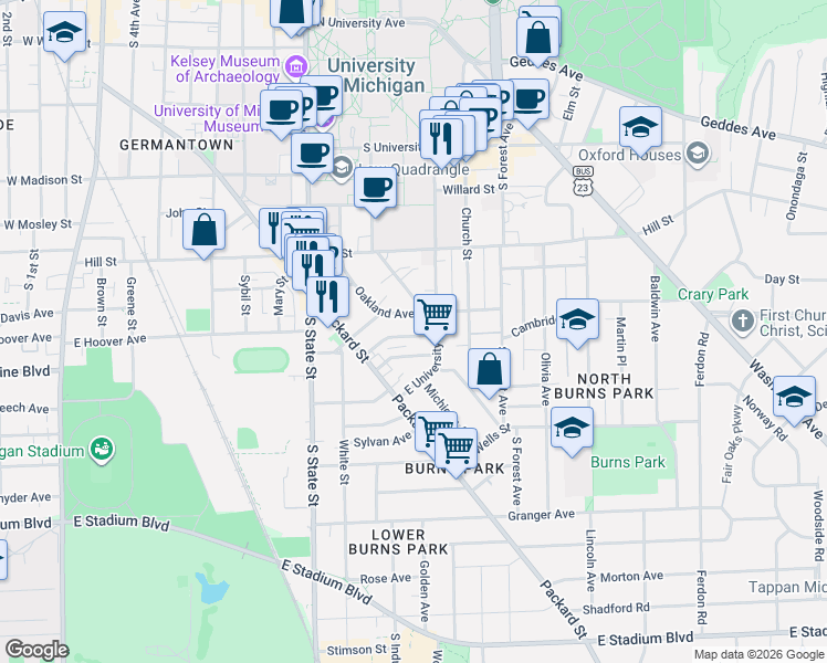map of restaurants, bars, coffee shops, grocery stores, and more near 1036 Oakland Avenue in Ann Arbor