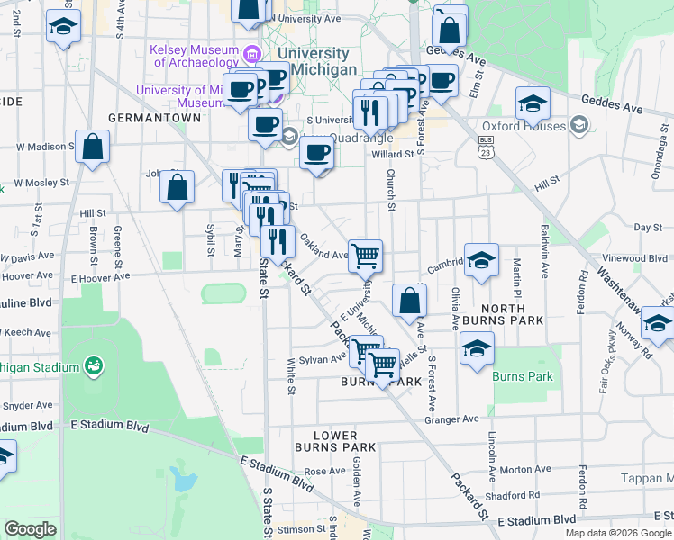 map of restaurants, bars, coffee shops, grocery stores, and more near 1000 Oakland Avenue in Ann Arbor