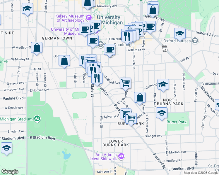 map of restaurants, bars, coffee shops, grocery stores, and more near 1000 Oakland Avenue in Ann Arbor