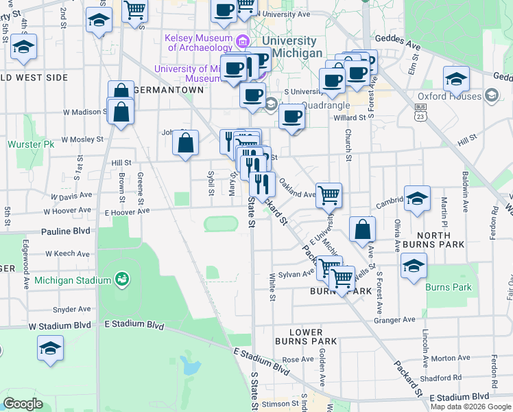 map of restaurants, bars, coffee shops, grocery stores, and more near 925 South State Street in Ann Arbor