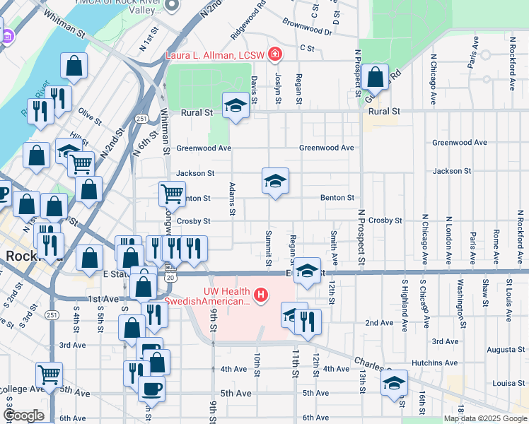 map of restaurants, bars, coffee shops, grocery stores, and more near 1325 Benton Street in Rockford