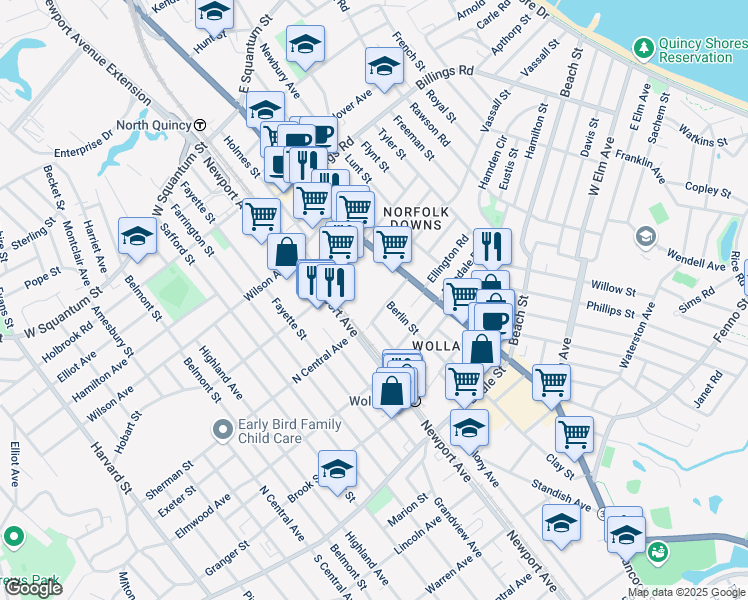 map of restaurants, bars, coffee shops, grocery stores, and more near 21 Linden Street in Quincy