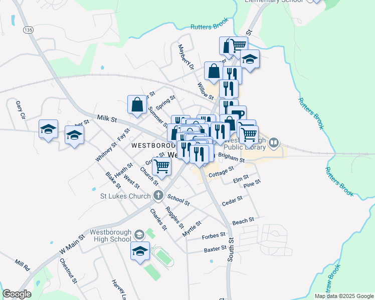 map of restaurants, bars, coffee shops, grocery stores, and more near in Westborough