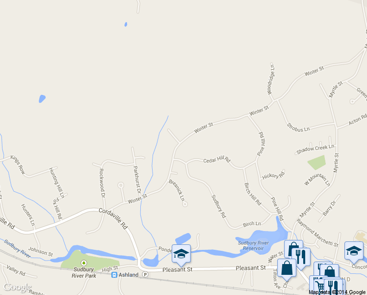map of restaurants, bars, coffee shops, grocery stores, and more near 111 Winter Street in Ashland