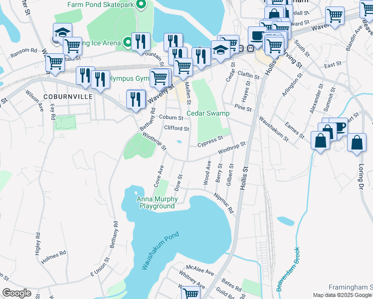 map of restaurants, bars, coffee shops, grocery stores, and more near 131 Mellen Street in Framingham