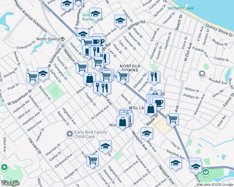 map of restaurants, bars, coffee shops, grocery stores, and more near 21 Linden St in Quincy