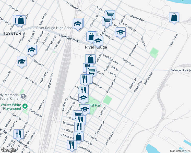 map of restaurants, bars, coffee shops, grocery stores, and more near 45 Elm Street in River Rouge