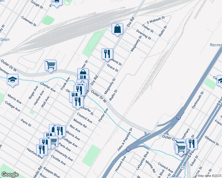 map of restaurants, bars, coffee shops, grocery stores, and more near 19250 Meginnity Street in Melvindale