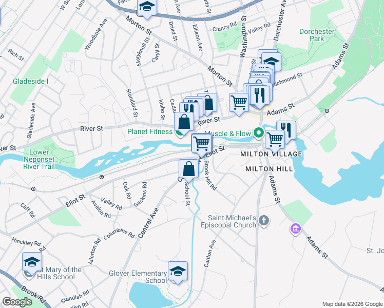 map of restaurants, bars, coffee shops, grocery stores, and more near 131 Eliot Street in Milton
