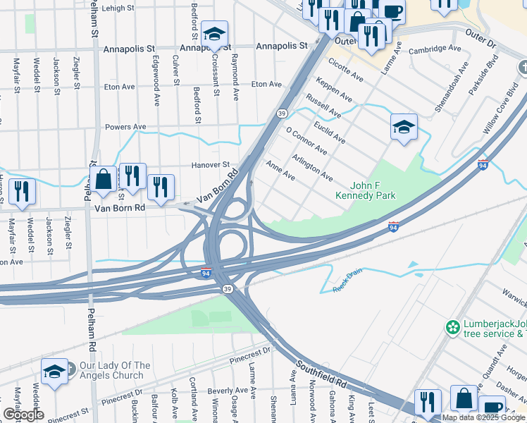 map of restaurants, bars, coffee shops, grocery stores, and more near 17301 Horger Avenue in Allen Park