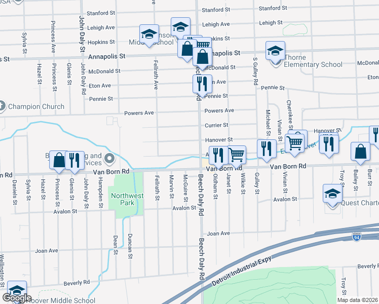 map of restaurants, bars, coffee shops, grocery stores, and more near 25866 Amherst Street in Dearborn Heights