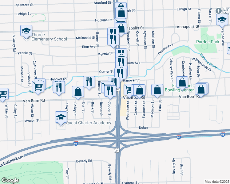 map of restaurants, bars, coffee shops, grocery stores, and more near 5714 S Telegraph Rd in Dearborn Heights