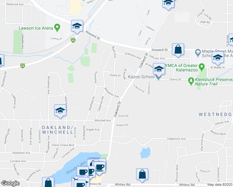 map of restaurants, bars, coffee shops, grocery stores, and more near 2249 Benjamin Avenue in Kalamazoo