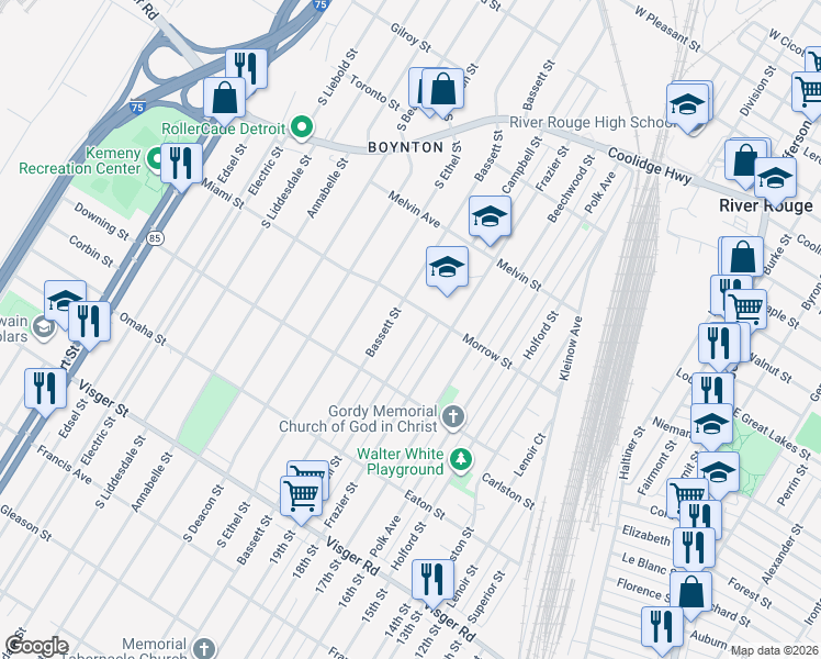 map of restaurants, bars, coffee shops, grocery stores, and more near 412 Campbell Street in River Rouge
