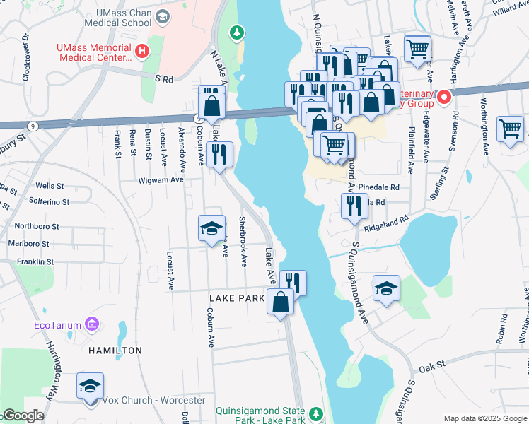 map of restaurants, bars, coffee shops, grocery stores, and more near 119 Lake Avenue in Worcester