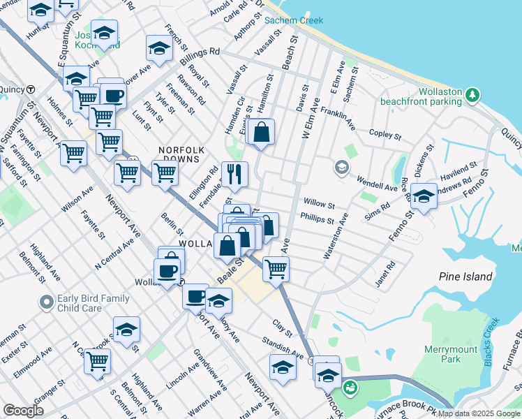 map of restaurants, bars, coffee shops, grocery stores, and more near 29 Phillips Street in Quincy