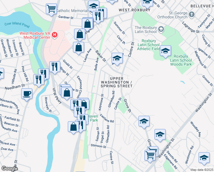 map of restaurants, bars, coffee shops, grocery stores, and more near 28 Keystone Street in Boston
