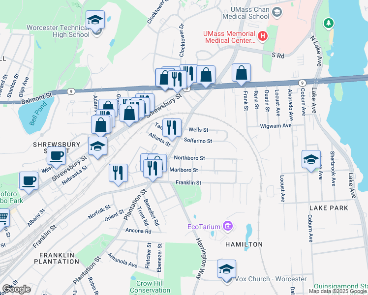 map of restaurants, bars, coffee shops, grocery stores, and more near 312 Plantation Street in Worcester