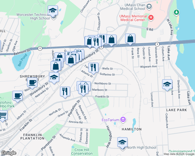 map of restaurants, bars, coffee shops, grocery stores, and more near 312 Plantation Street in Worcester