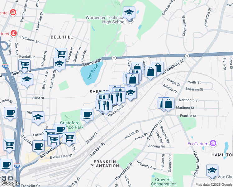 map of restaurants, bars, coffee shops, grocery stores, and more near 55 Wilson Street in Worcester