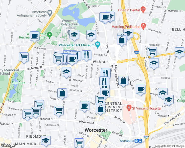 map of restaurants, bars, coffee shops, grocery stores, and more near 11 Lancaster Street in Worcester