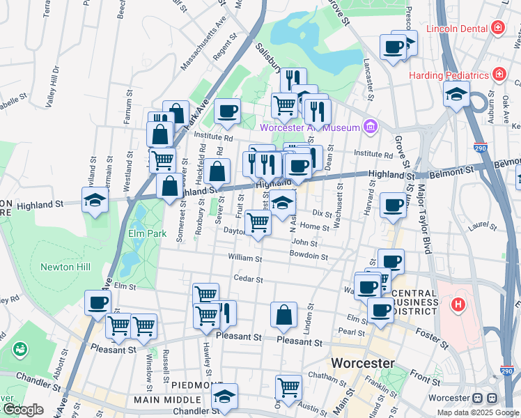 map of restaurants, bars, coffee shops, grocery stores, and more near 5 Berkshire Street in Worcester