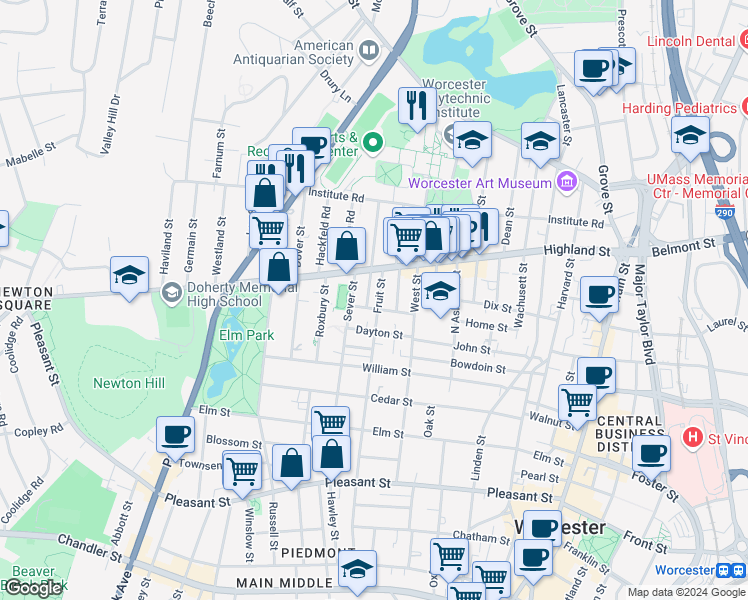 map of restaurants, bars, coffee shops, grocery stores, and more near 78 Sever Street in Worcester