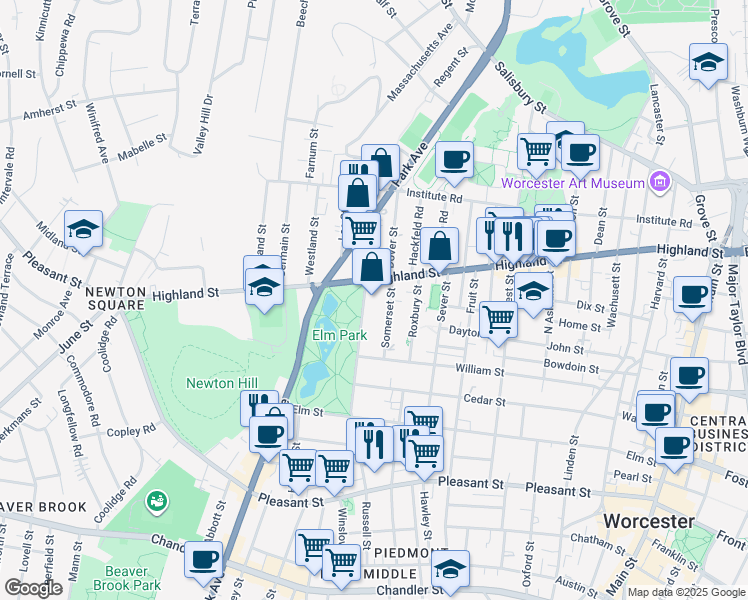 map of restaurants, bars, coffee shops, grocery stores, and more near 35 Somerset Street in Worcester