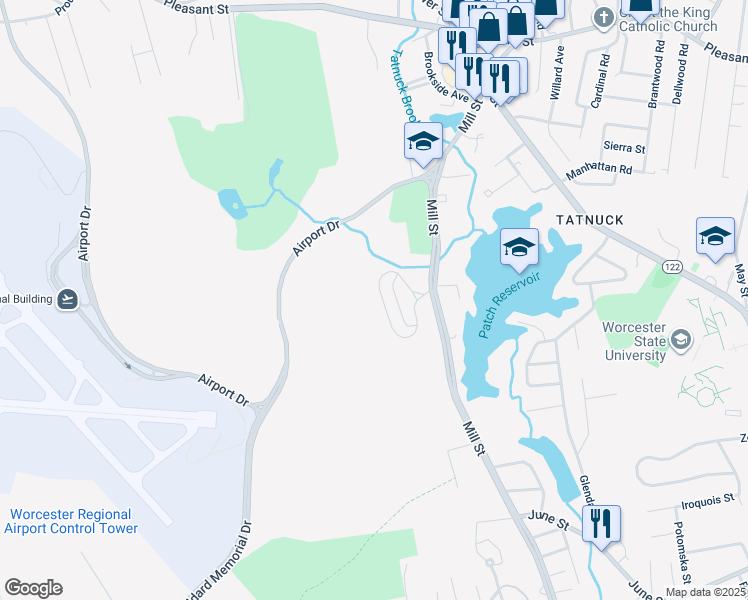 map of restaurants, bars, coffee shops, grocery stores, and more near 505 Mill Street in Worcester