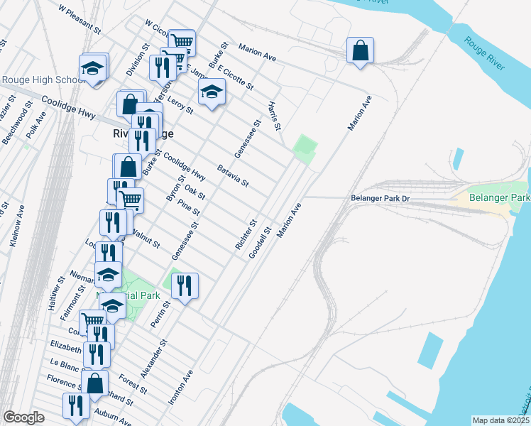 map of restaurants, bars, coffee shops, grocery stores, and more near 213 Richter Street in River Rouge