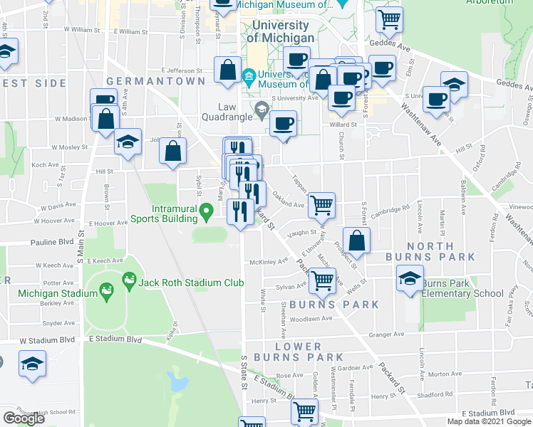 map of restaurants, bars, coffee shops, grocery stores, and more near 741 Packard Street in Ann Arbor