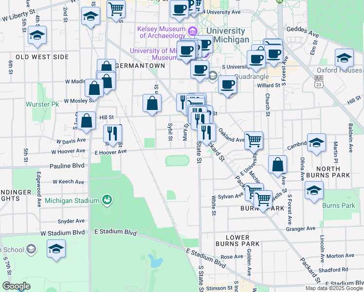 map of restaurants, bars, coffee shops, grocery stores, and more near 932 Mary Street in Ann Arbor
