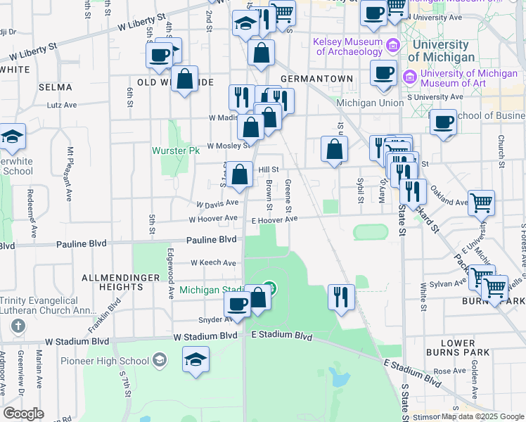 map of restaurants, bars, coffee shops, grocery stores, and more near 110 East Davis Avenue in Ann Arbor