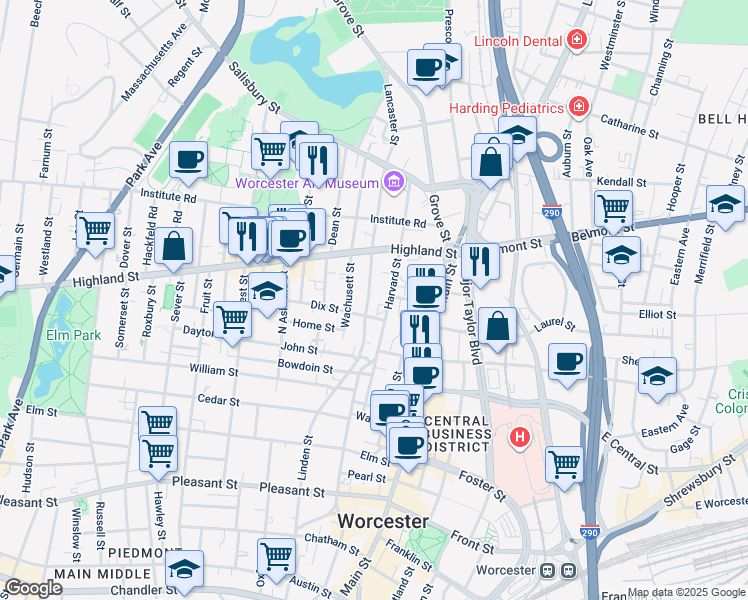 map of restaurants, bars, coffee shops, grocery stores, and more near 11 Lancaster Street in Worcester