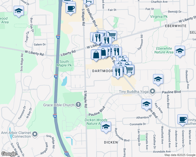 map of restaurants, bars, coffee shops, grocery stores, and more near 2050 Commerce Boulevard in Ann Arbor