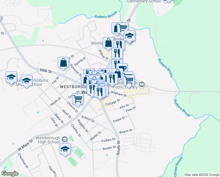 map of restaurants, bars, coffee shops, grocery stores, and more near 500 Union Street in Westborough