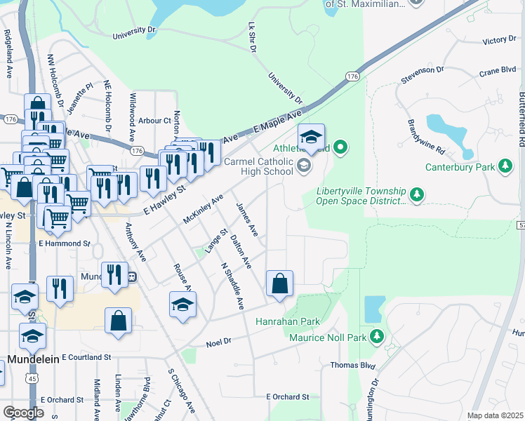 map of restaurants, bars, coffee shops, grocery stores, and more near 410 Brice Avenue in Mundelein