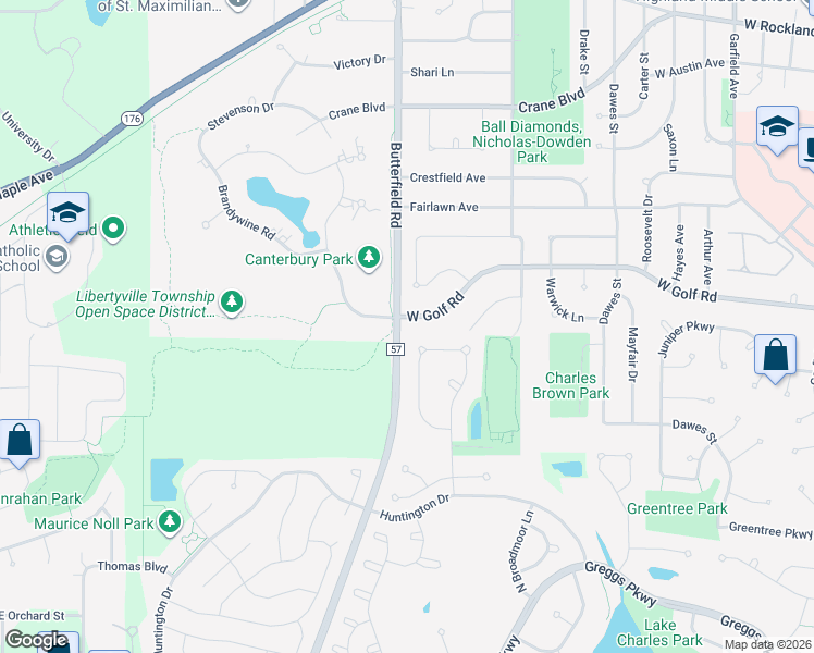 map of restaurants, bars, coffee shops, grocery stores, and more near 1129 West Golf Road in Libertyville
