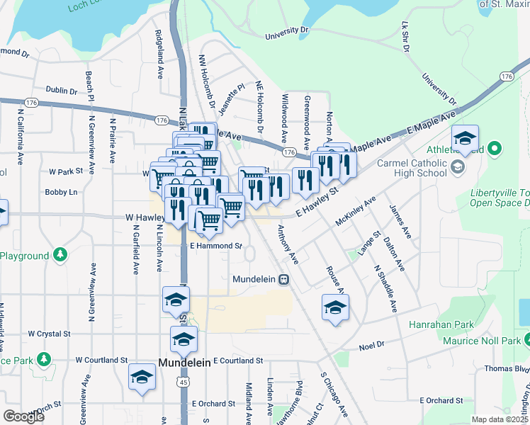 map of restaurants, bars, coffee shops, grocery stores, and more near 404 East Hawley Street in Mundelein