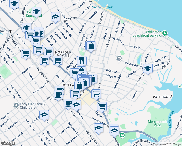 map of restaurants, bars, coffee shops, grocery stores, and more near 29 Phillips Street in Quincy