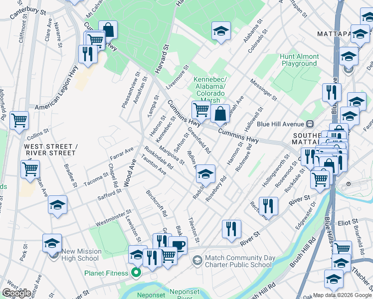 map of restaurants, bars, coffee shops, grocery stores, and more near 41 Ridlon Road in Boston