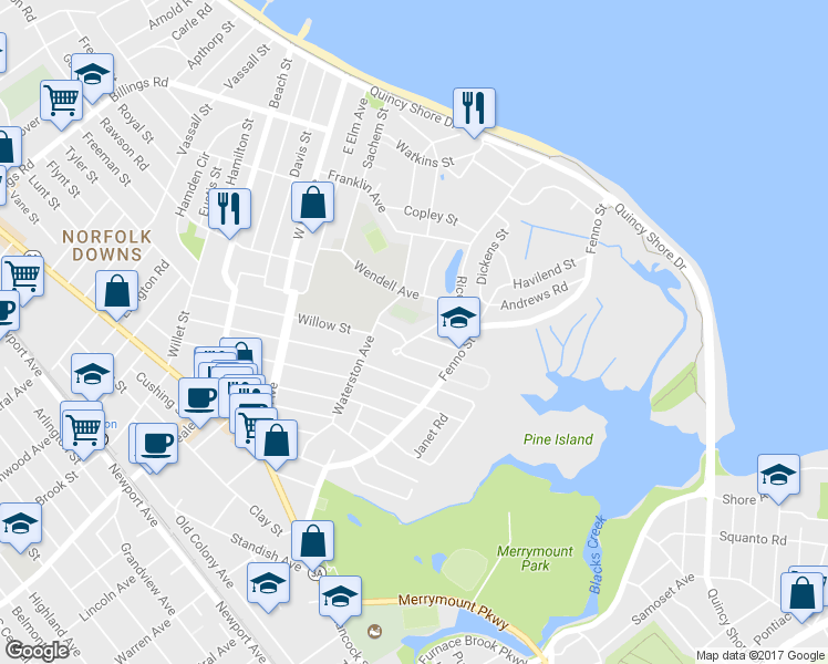 map of restaurants, bars, coffee shops, grocery stores, and more near 45 Sims Road in Quincy