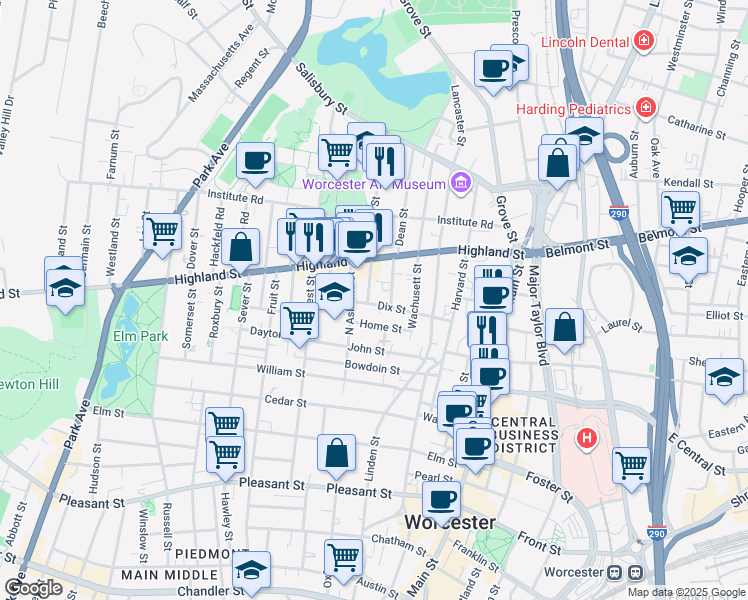 map of restaurants, bars, coffee shops, grocery stores, and more near 30 Dix Street in Worcester