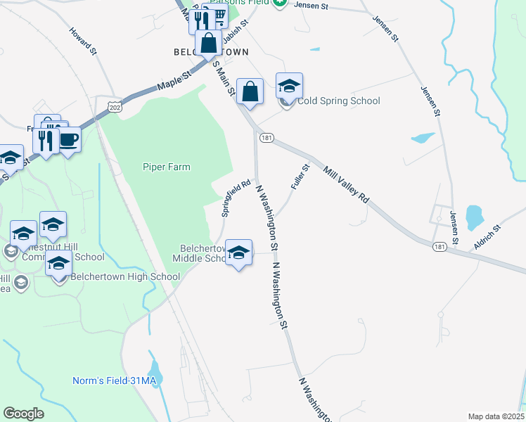 map of restaurants, bars, coffee shops, grocery stores, and more near 24 North Washington Street in Belchertown